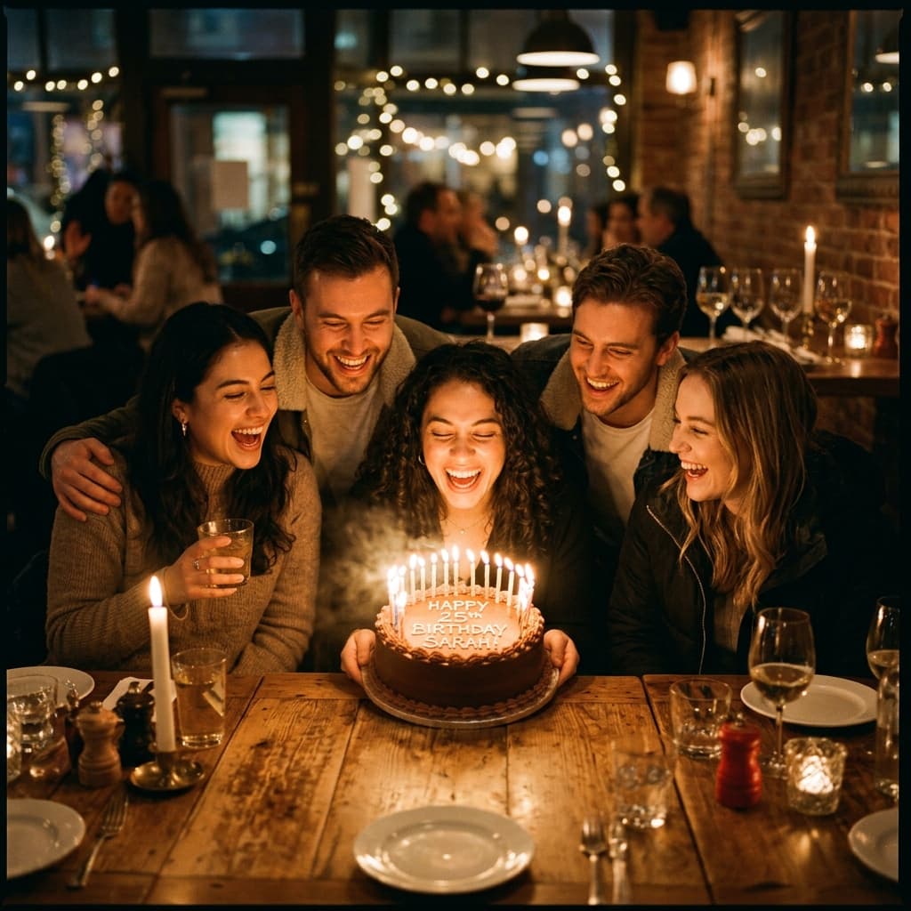 Amis célébrant un anniversaire autour d'une vidéo surprise