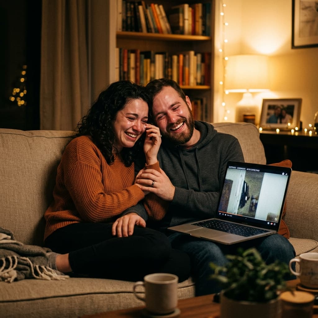 Un couple regarde une vidéo souvenir sur un ordinateur