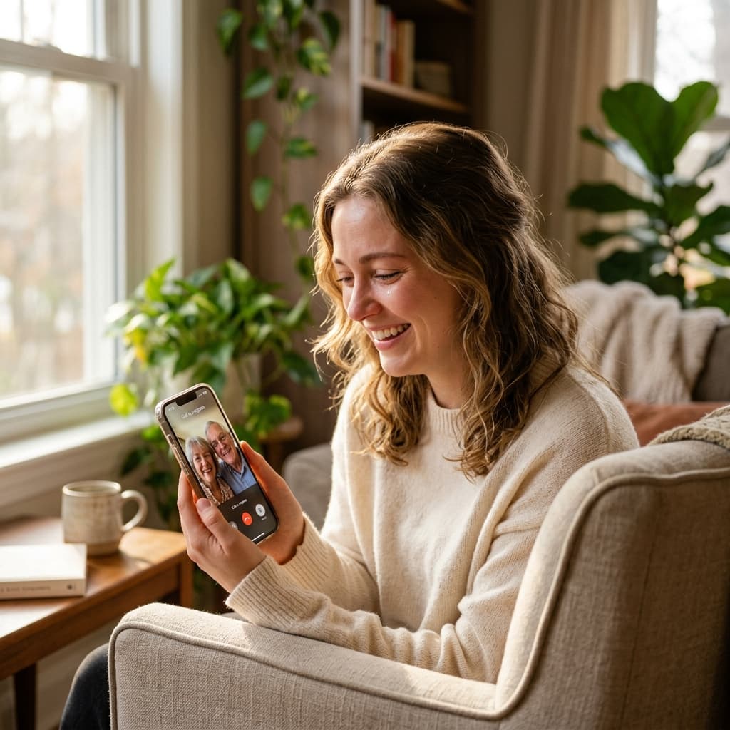Une femme regarde un message vidéo sur son téléphone